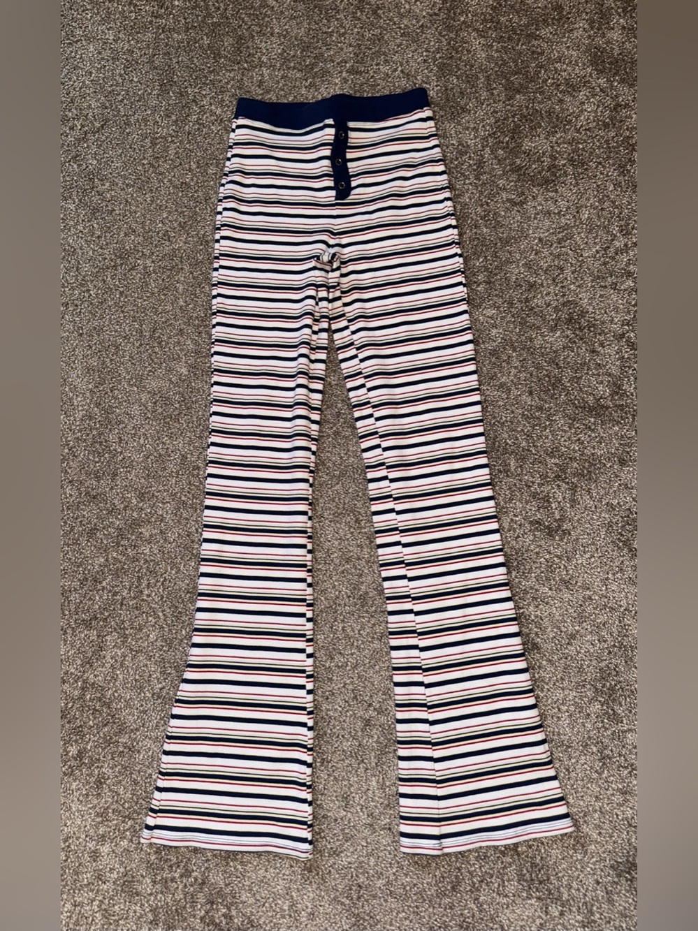 Frankies Bikinis Striped Flare Pants in White & Blue. Medium
